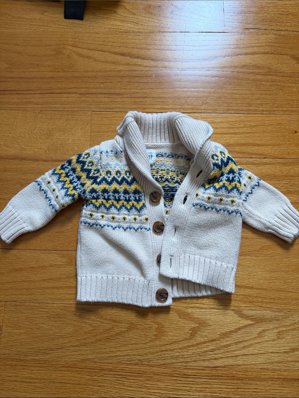 GAP Cream Shawl Collar Cardigan with Blue & Yellow Fair Isle